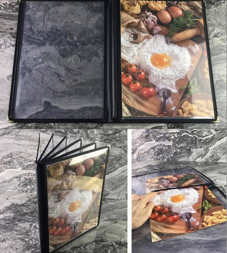 Menu de restaurant en plastique transparent avec bord en cuir , 6 pages, 12 vues, format A4 8,5 x 11 pouces
